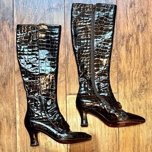Versace 1990s Black Croc Embossed Patent Leather Boots